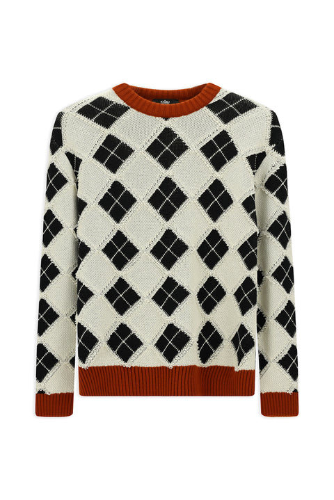 Ekru Bisiklet Yaka Oversize Ekstra Rahat Kesim Pamuklu Desenli Triko Kazak