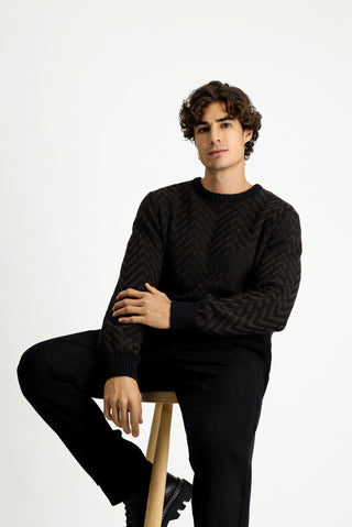  Koyu Kahve Bisiklet Yaka Oversize Ekstra Rahat Kesim Pamuklu Desenli Triko Kazak