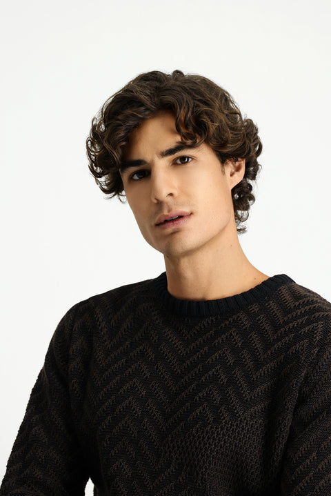 Koyu Kahve Bisiklet Yaka Oversize Ekstra Rahat Kesim Pamuklu Desenli Triko Kazak