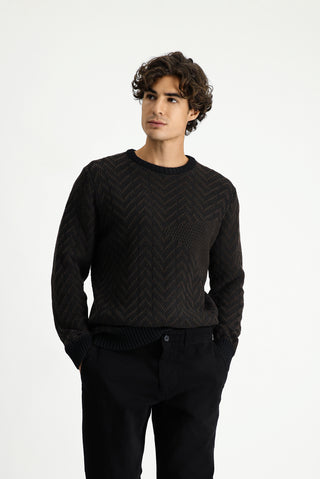  Koyu Kahve Bisiklet Yaka Oversize Ekstra Rahat Kesim Pamuklu Desenli Triko Kazak