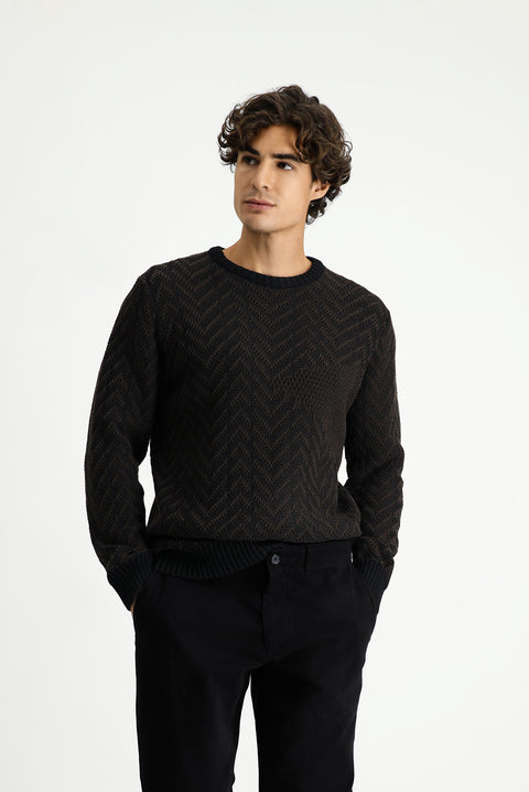 Koyu Kahve Bisiklet Yaka Oversize Ekstra Rahat Kesim Pamuklu Desenli Triko Kazak