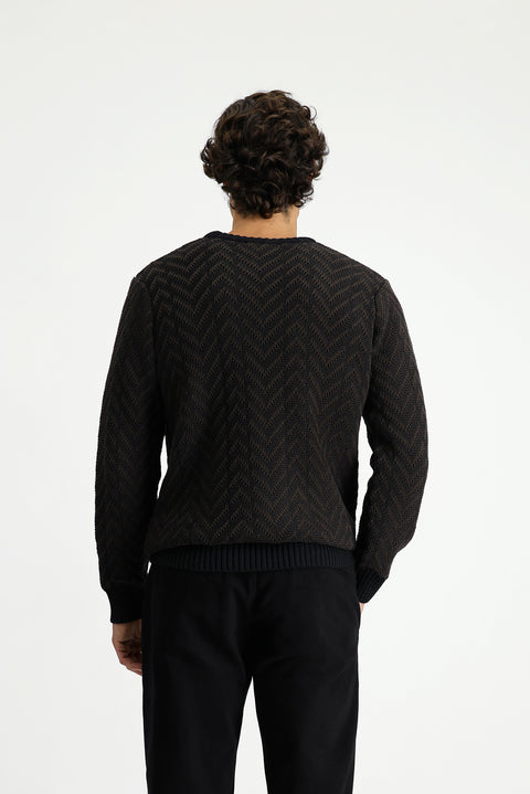 Koyu Kahve Bisiklet Yaka Oversize Ekstra Rahat Kesim Pamuklu Desenli Triko Kazak