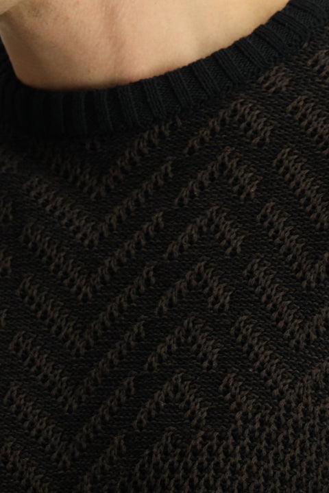 Koyu Kahve Bisiklet Yaka Oversize Ekstra Rahat Kesim Pamuklu Desenli Triko Kazak