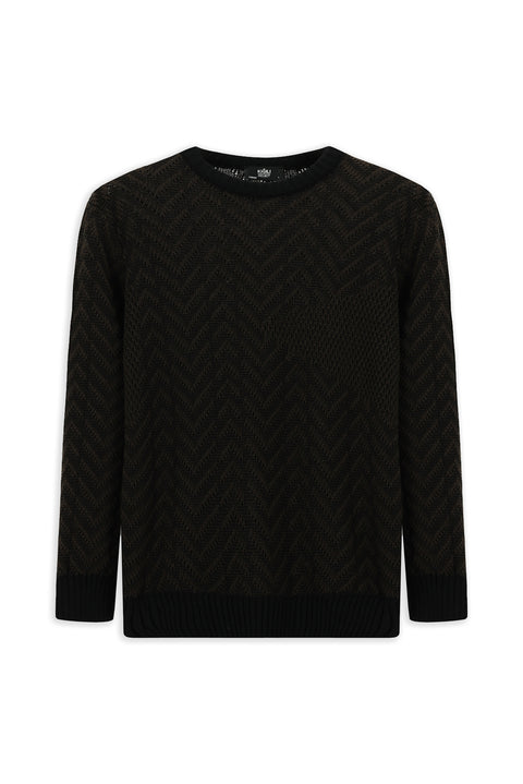 Koyu Kahve Bisiklet Yaka Oversize Ekstra Rahat Kesim Pamuklu Desenli Triko Kazak