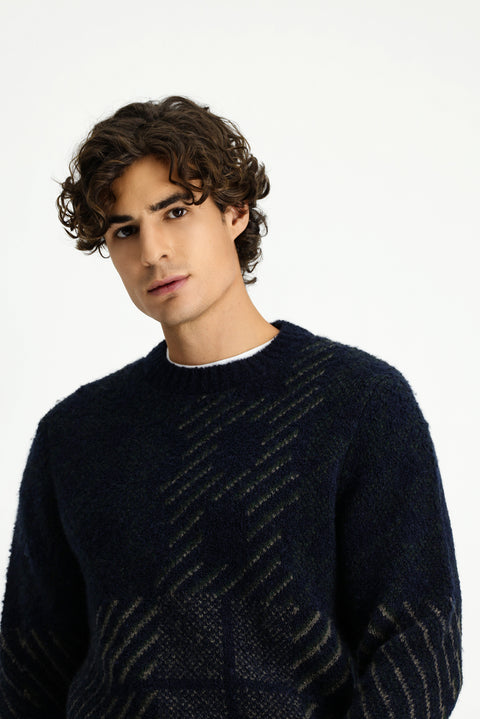 Koyu Lacivert Bisiklet Yaka Regular Fit Desenli Yünlü Triko Kazak