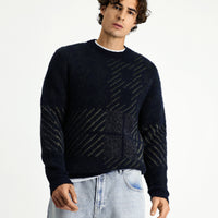 Koyu Lacivert Bisiklet Yaka Regular Fit Desenli Yünlü Triko Kazak