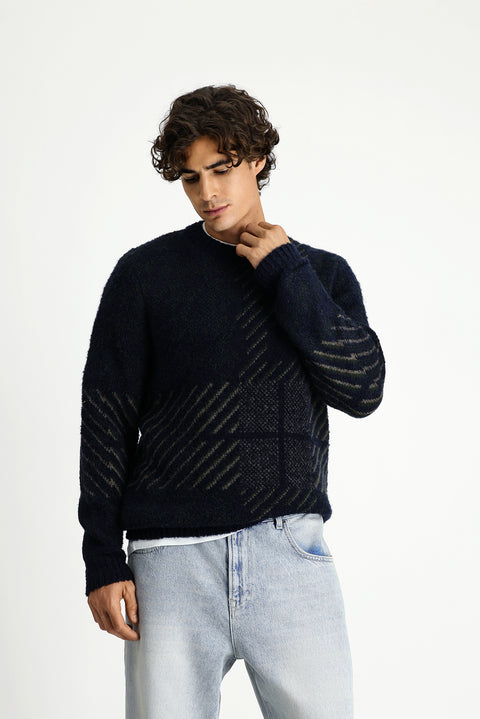 Koyu Lacivert Bisiklet Yaka Regular Fit Desenli Yünlü Triko Kazak