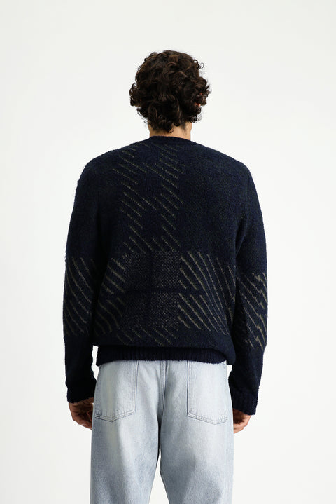 Koyu Lacivert Bisiklet Yaka Regular Fit Desenli Yünlü Triko Kazak