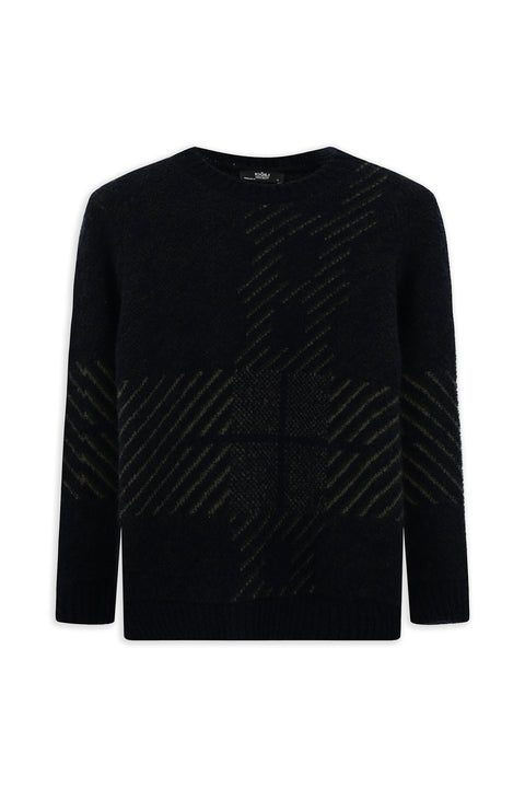 Koyu Lacivert Bisiklet Yaka Regular Fit Desenli Yünlü Triko Kazak