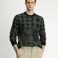 Koyu Yeşil Bisiklet Yaka Regular Fit Desenli Yünlü Triko Kazak