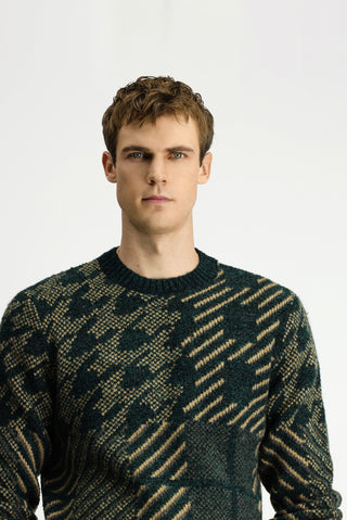  Koyu Yeşil Bisiklet Yaka Regular Fit Desenli Triko Kazak