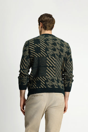 Koyu Yeşil Bisiklet Yaka Regular Fit Desenli Yünlü Triko Kazak