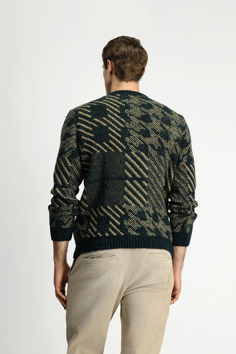 Koyu Yeşil Bisiklet Yaka Regular Fit Desenli Yünlü Triko Kazak
