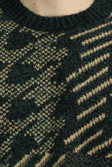 Koyu Yeşil Bisiklet Yaka Regular Fit Desenli Yünlü Triko Kazak