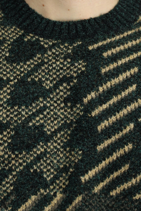 Koyu Yeşil Bisiklet Yaka Regular Fit Desenli Yünlü Triko Kazak