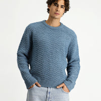 Açık Mavi Bisiklet Yaka Oversize Ekstra Rahat Kesim Desenli Yünlü Triko Kazak