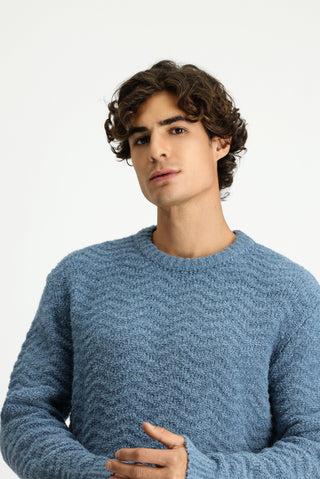  Açık Mavi Bisiklet Yaka Oversize Ekstra Rahat Kesim Desenli Yünlü Triko Kazak