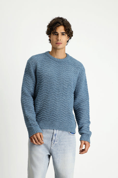 Açık Mavi Bisiklet Yaka Oversize Ekstra Rahat Kesim Desenli Yünlü Triko Kazak