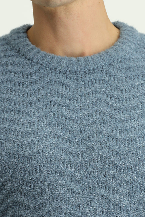 Açık Mavi Bisiklet Yaka Oversize Ekstra Rahat Kesim Desenli Yünlü Triko Kazak