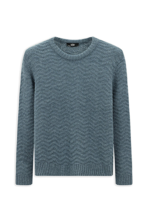 Açık Mavi Bisiklet Yaka Oversize Ekstra Rahat Kesim Desenli Yünlü Triko Kazak