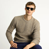 Açık Vizon Bisiklet Yaka Oversize Ekstra Rahat Kesim Desenli Yünlü Triko Kazak