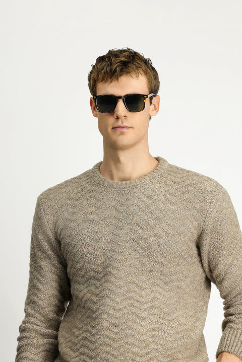 Açık Vizon Bisiklet Yaka Oversize Ekstra Rahat Kesim Desenli Yünlü Triko Kazak