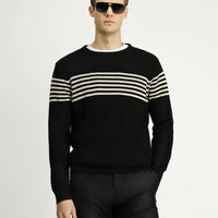 Black Crew Neck Regular Fit Striped Knit Sweater