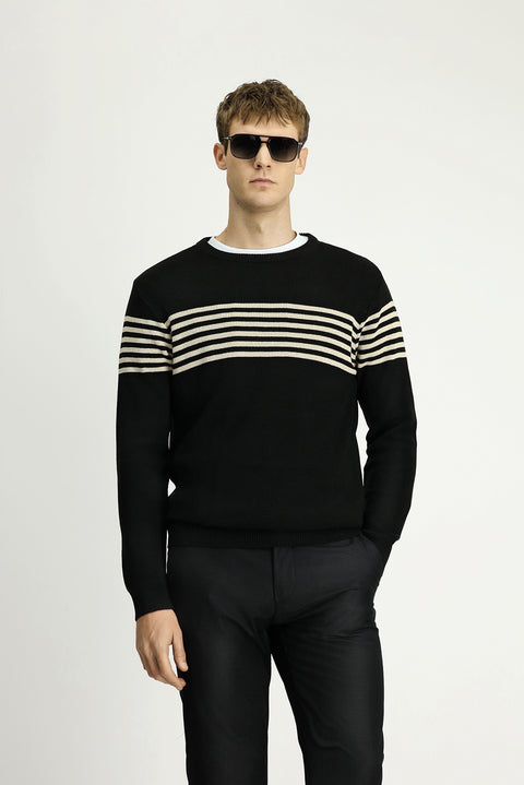 Black Crew Neck Regular Fit Striped Knit Sweater