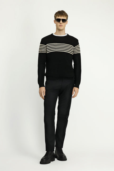 Black Crew Neck Regular Fit Striped Knit Sweater