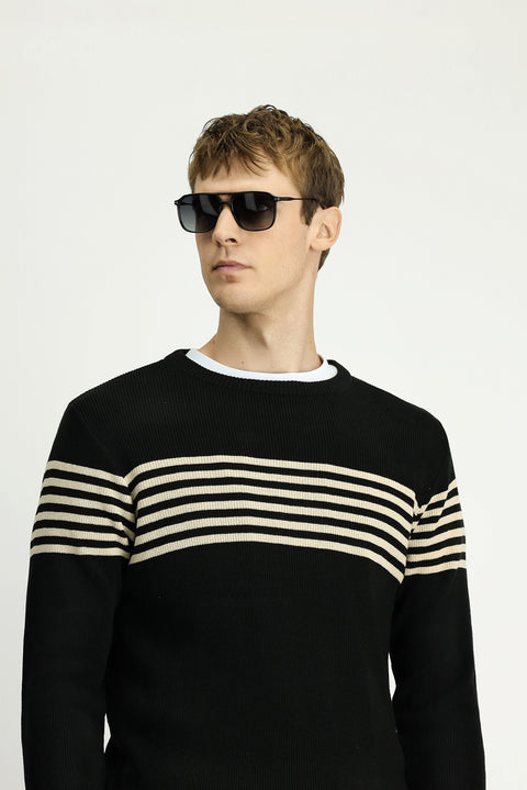 Black Crew Neck Regular Fit Striped Knit Sweater