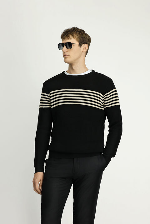 Black Crew Neck Regular Fit Striped Knit Sweater