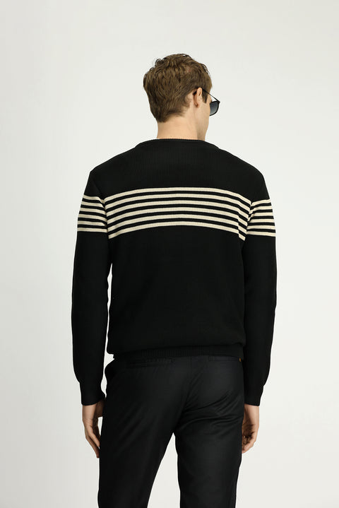 Black Crew Neck Regular Fit Striped Knit Sweater