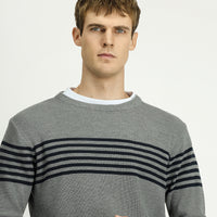 Orta Gri Melanj Bisiklet Yaka Regular Fit Çizgili Triko Kazak