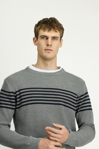  Orta Gri Melanj Bisiklet Yaka Regular Fit Çizgili Triko Kazak