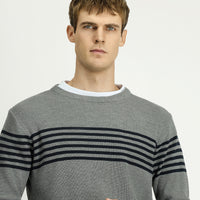 Orta Gri Melanj Bisiklet Yaka Regular Fit Çizgili Triko Kazak