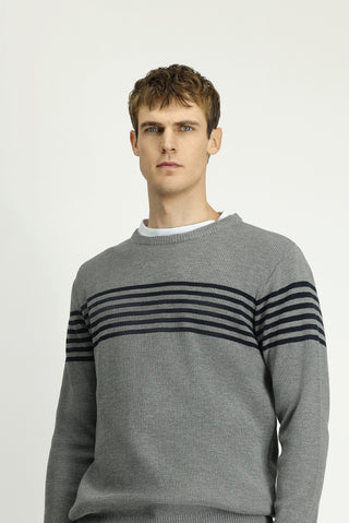  Orta Gri Melanj Bisiklet Yaka Regular Fit Çizgili Triko Kazak