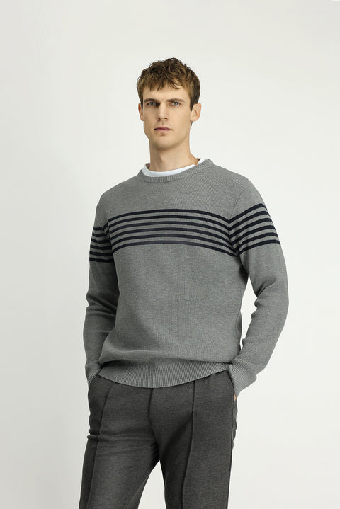 Orta Gri Melanj Bisiklet Yaka Regular Fit Çizgili Triko Kazak