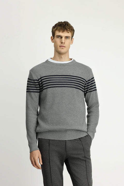 Orta Gri Melanj Bisiklet Yaka Regular Fit Çizgili Triko Kazak