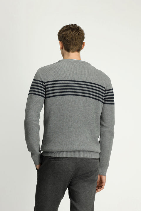 Orta Gri Melanj Bisiklet Yaka Regular Fit Çizgili Triko Kazak