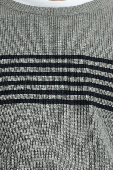 Orta Gri Melanj Bisiklet Yaka Regular Fit Çizgili Triko Kazak