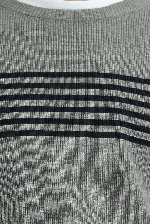 Orta Gri Melanj Bisiklet Yaka Regular Fit Çizgili Triko Kazak