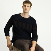 Dark Navy Crew Neck Regular Fit Striped Knit Sweater