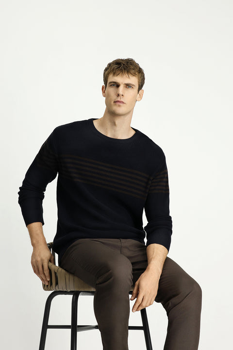 Dark Navy Crew Neck Regular Fit Striped Knit Sweater