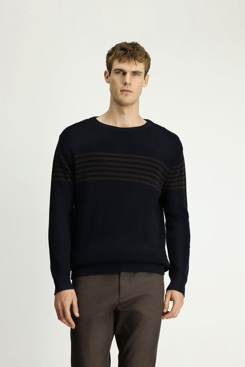 Dark Navy Crew Neck Regular Fit Striped Knit Sweater
