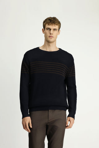  Koyu Lacivert Bisiklet Yaka Regular Fit Çizgili Triko Kazak