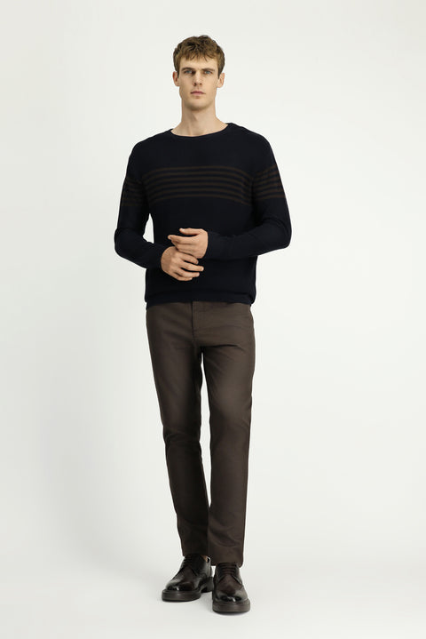 Dark Navy Crew Neck Regular Fit Striped Knit Sweater