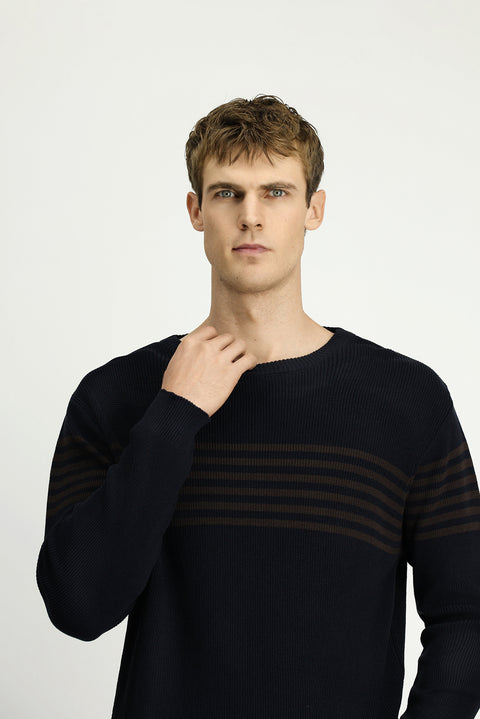Dark Navy Crew Neck Regular Fit Striped Knit Sweater