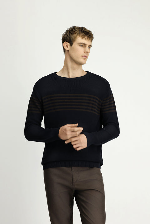 Dark Navy Crew Neck Regular Fit Striped Knit Sweater