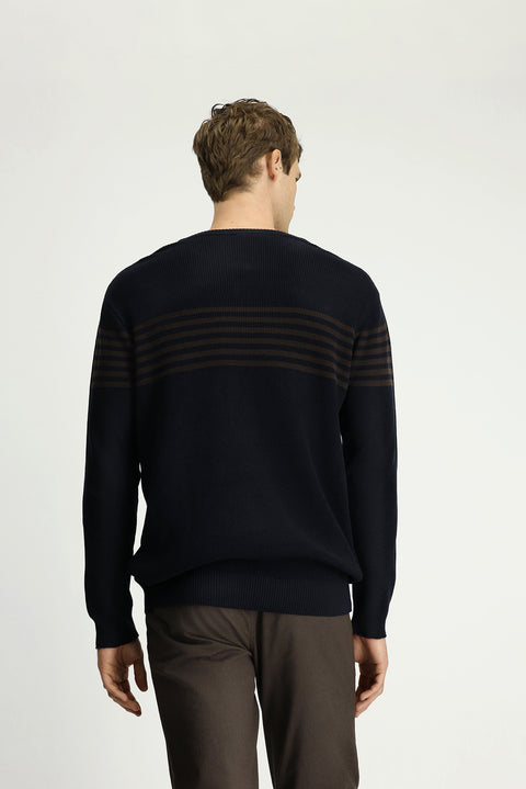 Dark Navy Crew Neck Regular Fit Striped Knit Sweater
