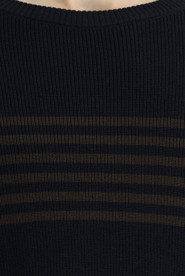 Koyu Lacivert Bisiklet Yaka Regular Fit Çizgili Triko Kazak